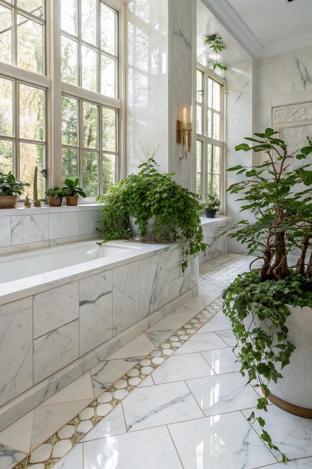 A refreshing bathroom with Luminous Argento marble tiles and lush plant accents.