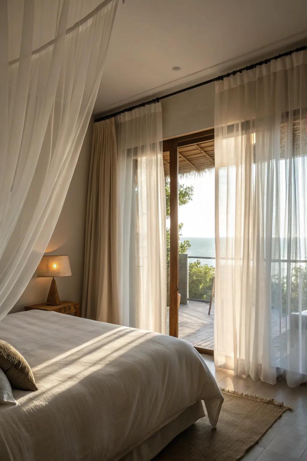 This bedroom features sheer curtains that gently filter in natural light.