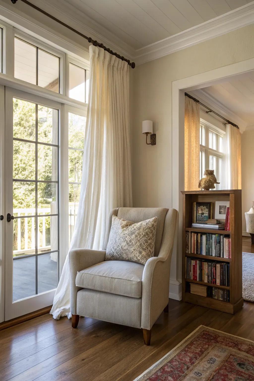 An inviting reading corner in a California room for leisure.