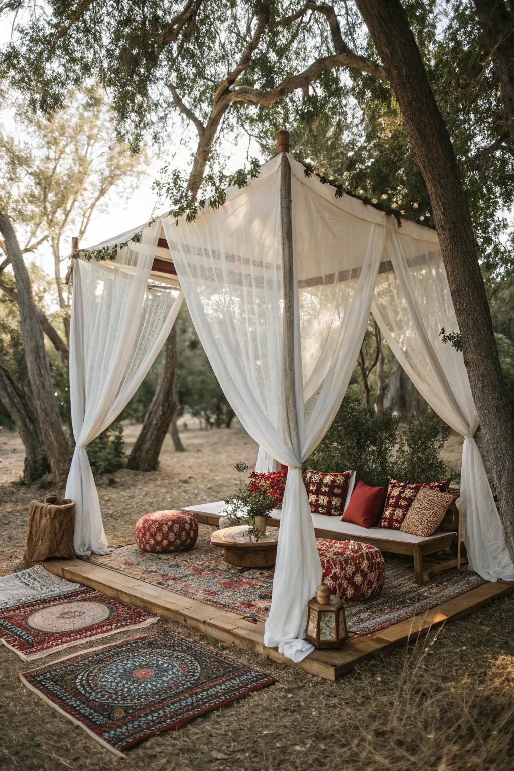 Remodel your campsite into a romantic escape with a bohemian-inspired canopy.