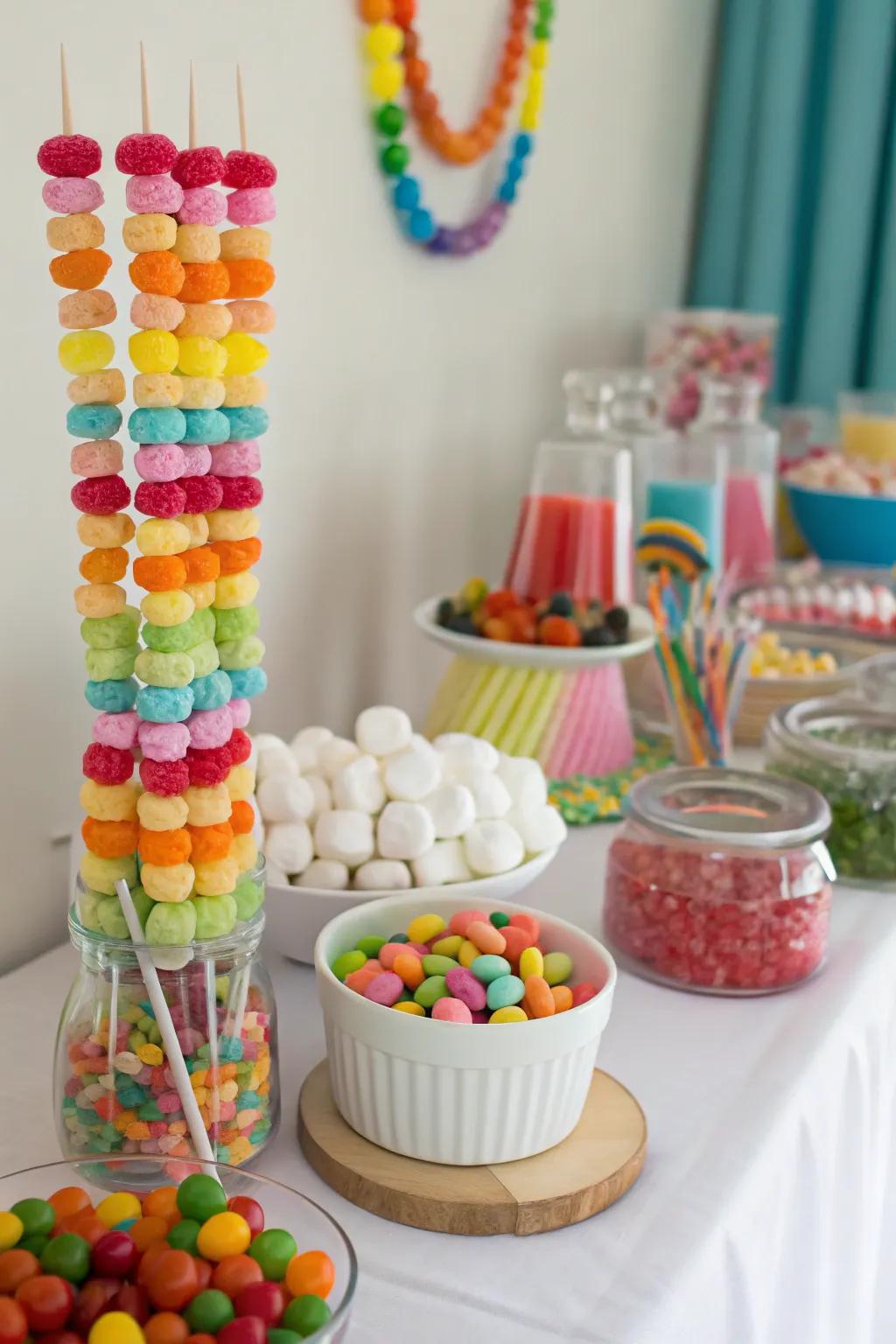 Edible decor brings a playful element to your candy buffet, enhancing its visual and interactive appeal.