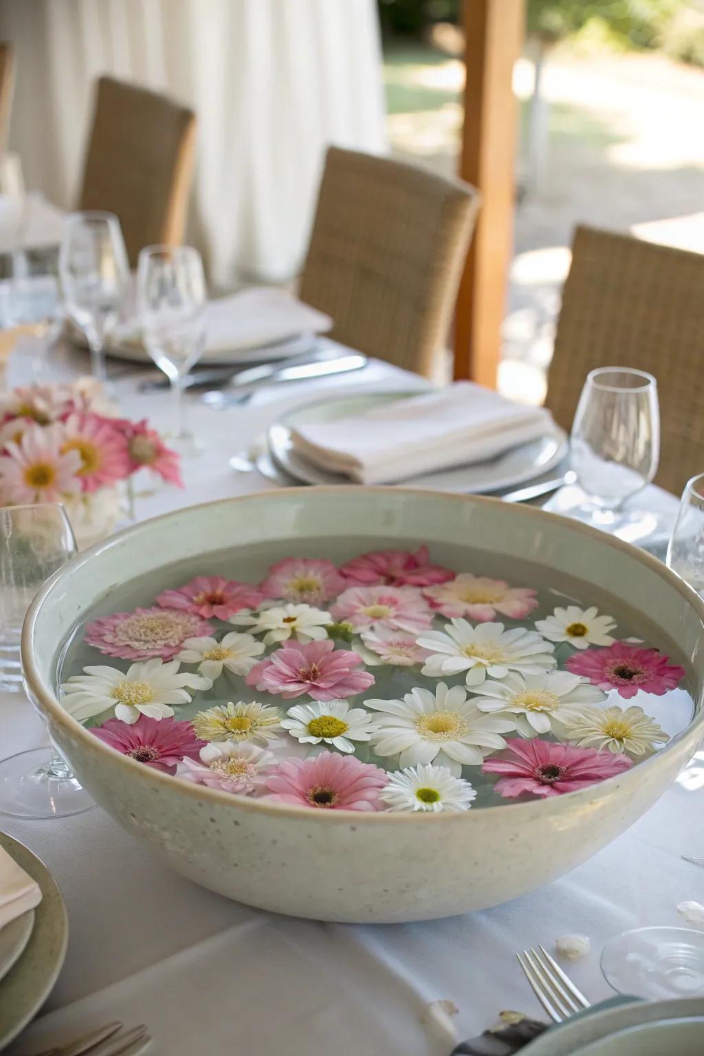 Buoyant flowers establish a tranquil and sophisticated atmosphere.