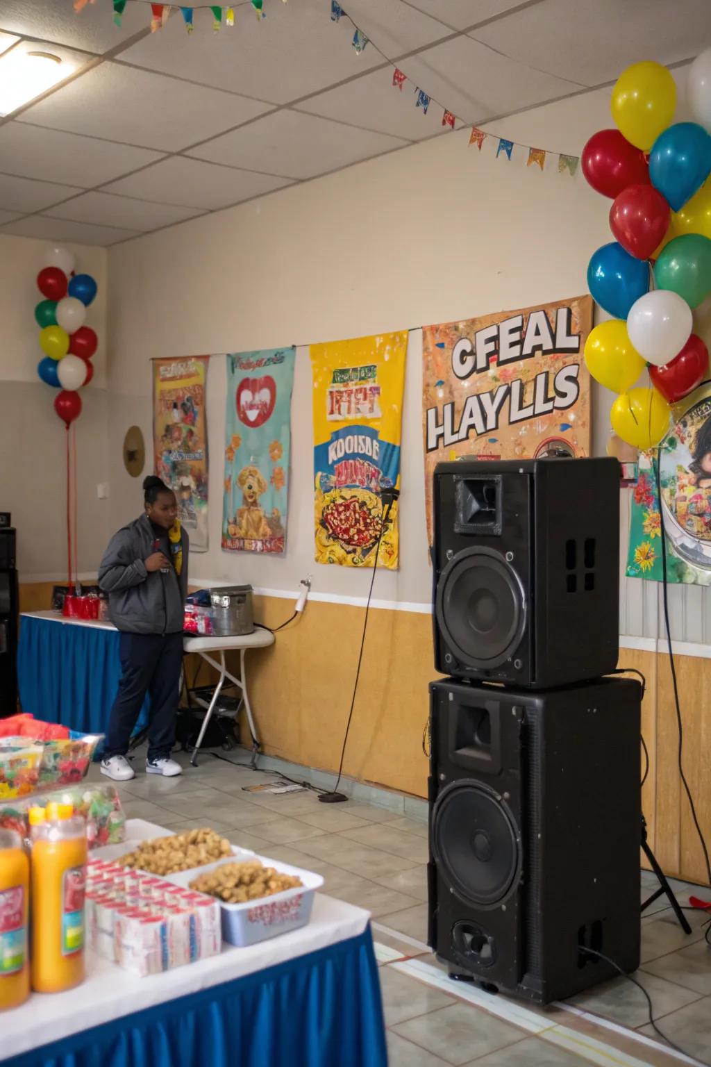 A loudspeaker arrangement situated in a party area featuring a grains-themed playlist.