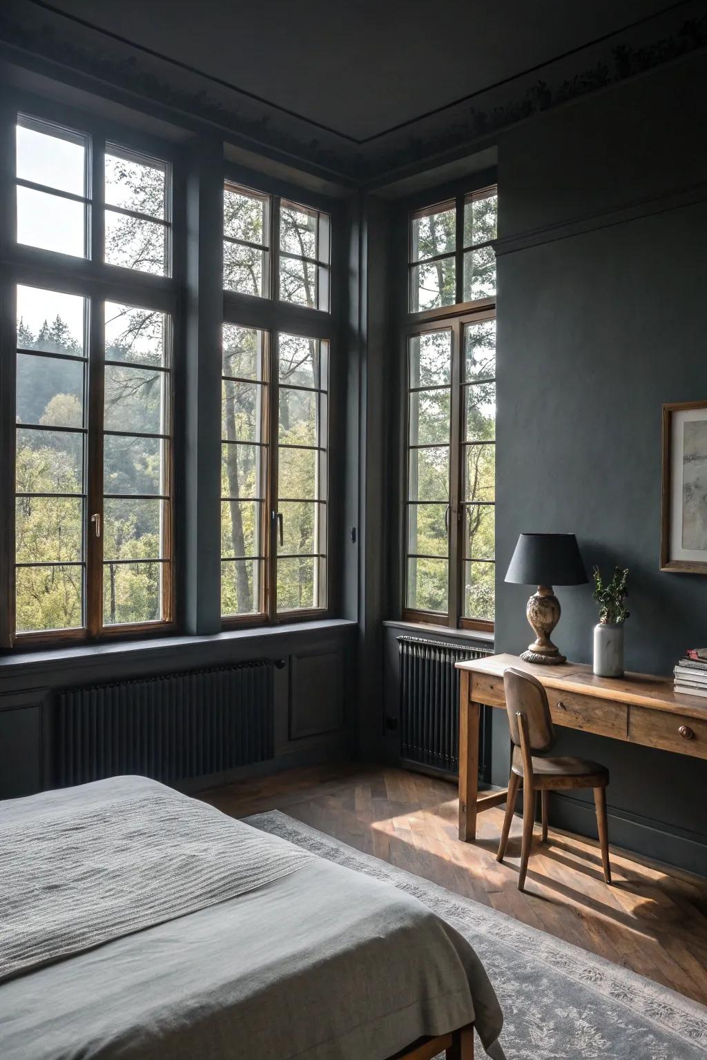 Sunlight brightens up a room with deep slate walls.