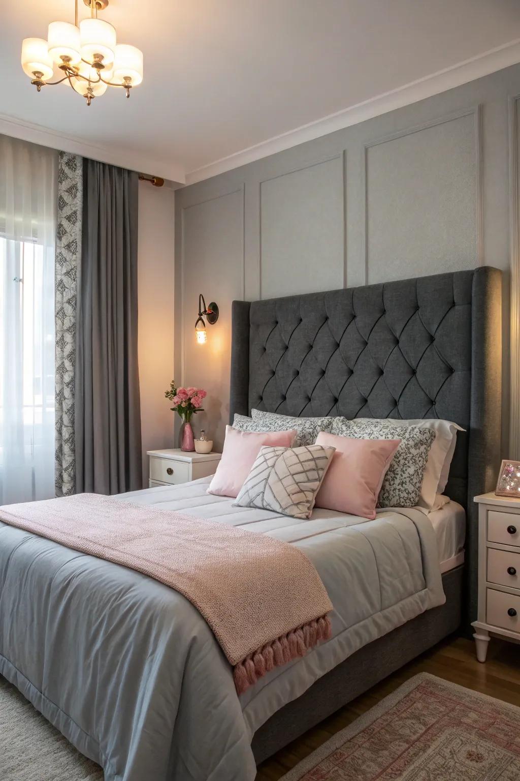 Subtle tints soften and romanticize a dark grey headboard arrangement.