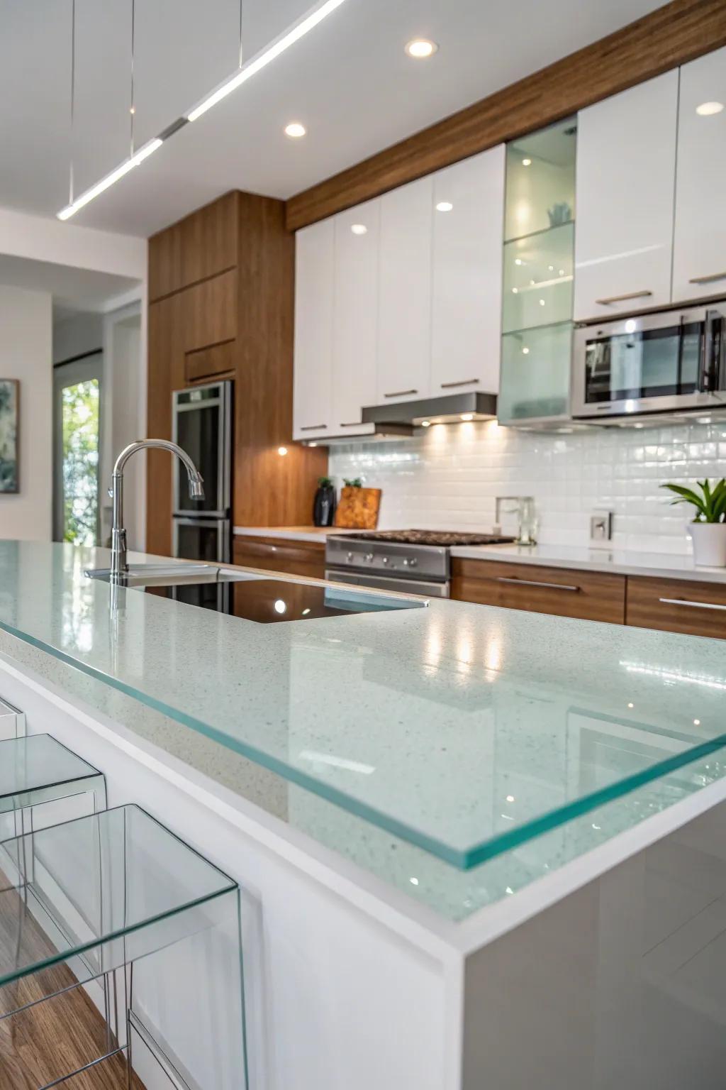 An elegant kitchen showcasing modern glass countertops.
