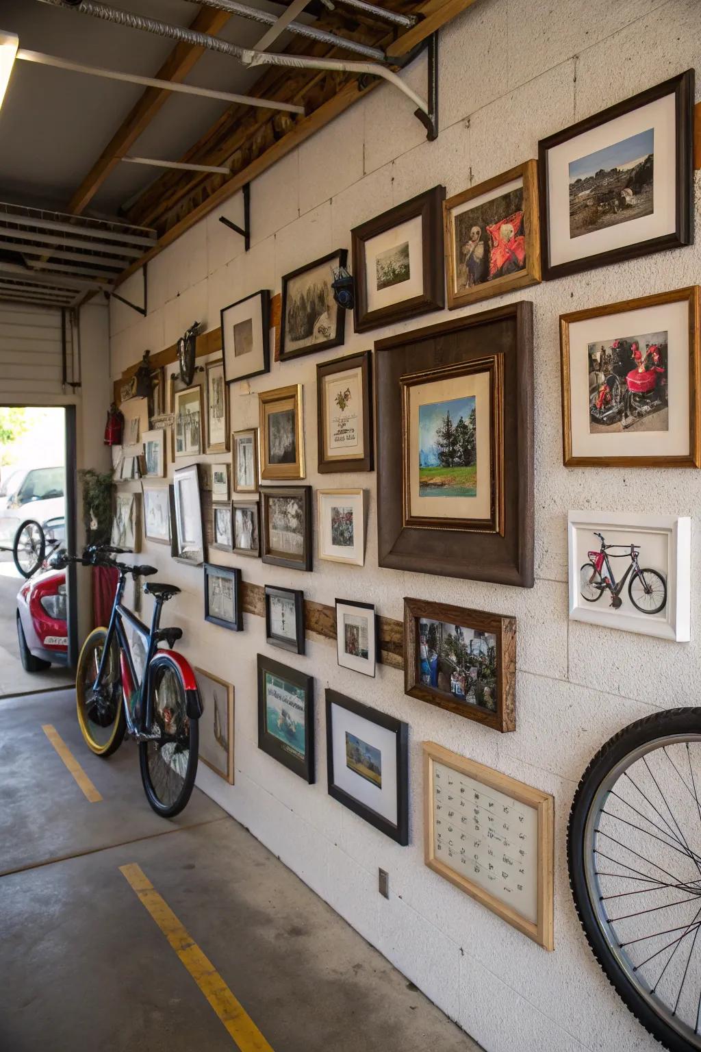 Wall artwork personalizes and elevates garage aesthetics.