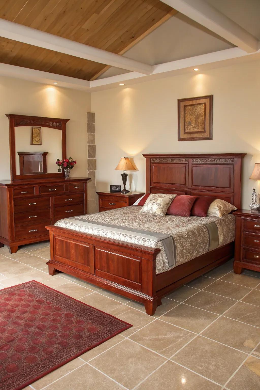 Symmetrical placement emphasizes peaceful balance and refined design within a mahogany themed room.