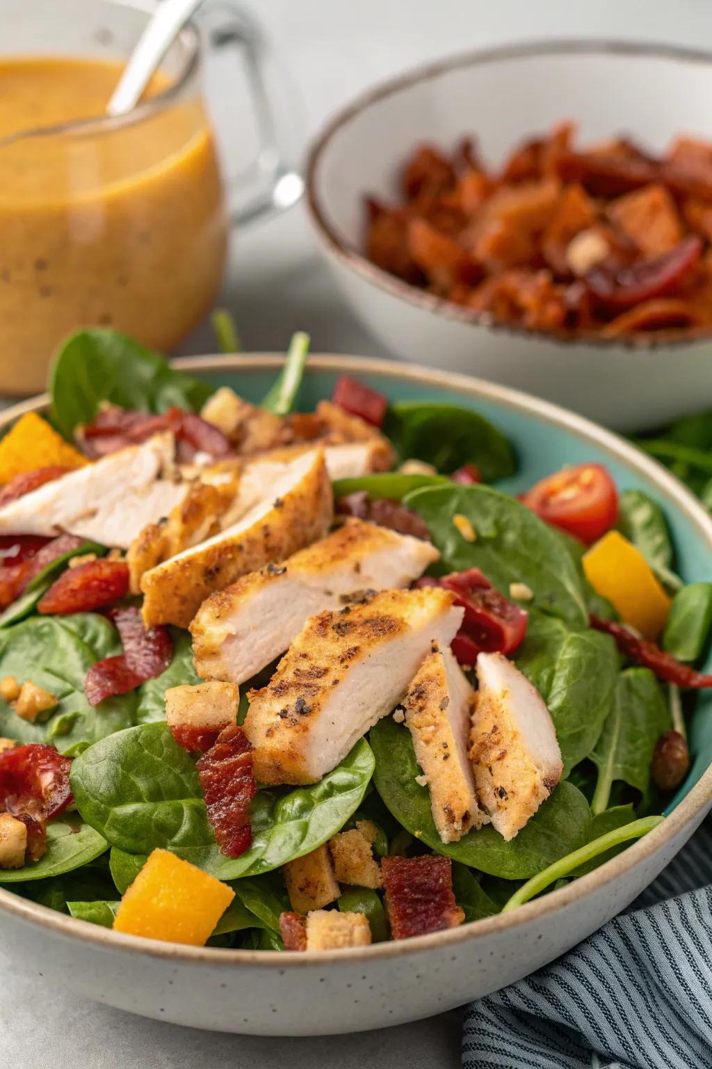 Chicken spinach ZingSalad with warm CrispBits dressing, a symphony of flavors.