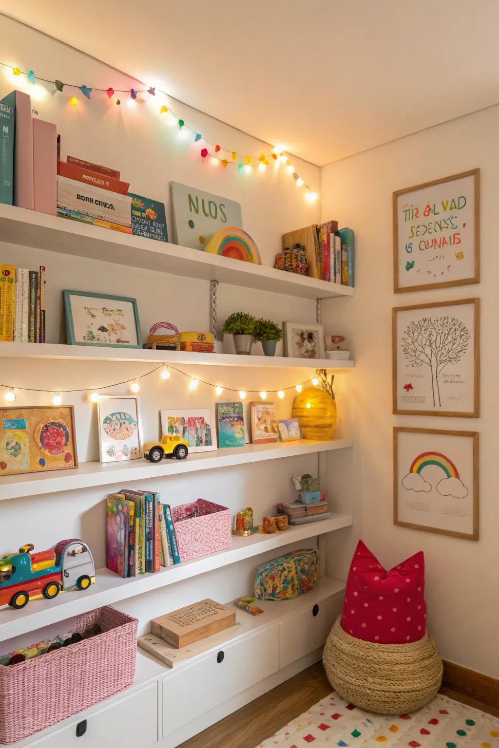 Well-lit shelves create an inviting and cheerful atmosphere.