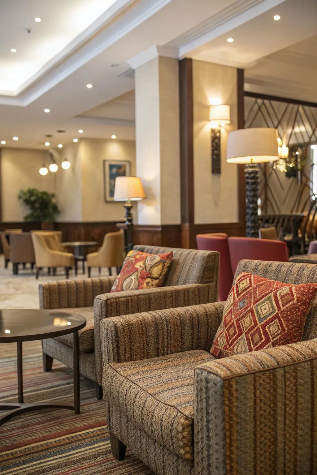 Textured materials enhancing the comfort and flair of the entrance hall seating.