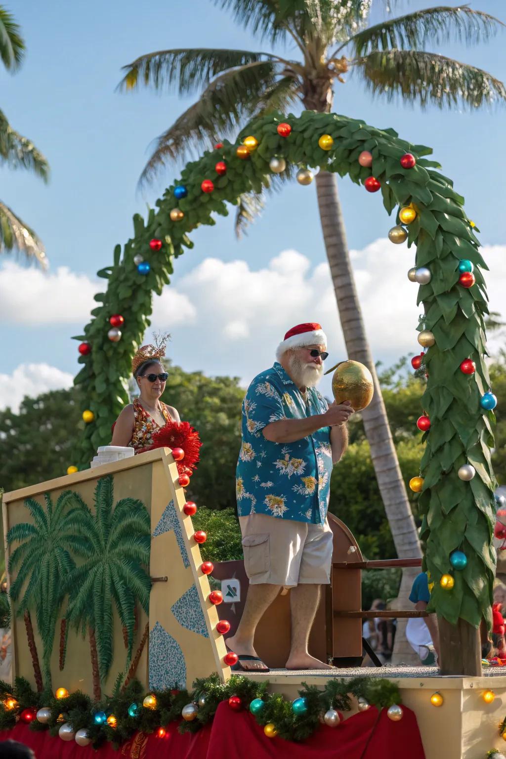 A whimsical Equatorial Christmas parade entry presenting a tepid holiday escape.