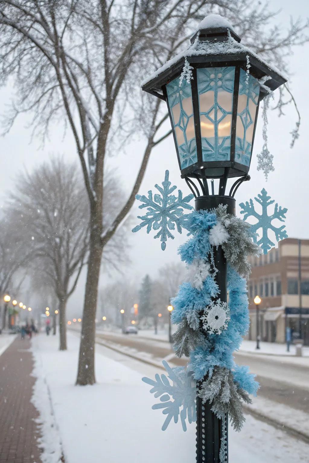 Themed decorations transform a lamp post into a festive focal point.