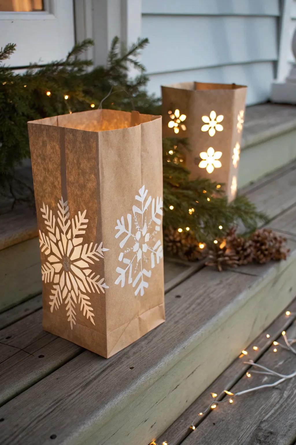 Brighten your holiday evenings using elegant paper bag luminaries, bringing warmth and craftsmanship to your doorstep.