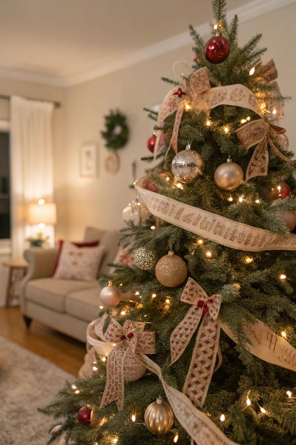 A Christmas tree with vintage ribbons and ornaments, exuding a nostalgic charm.