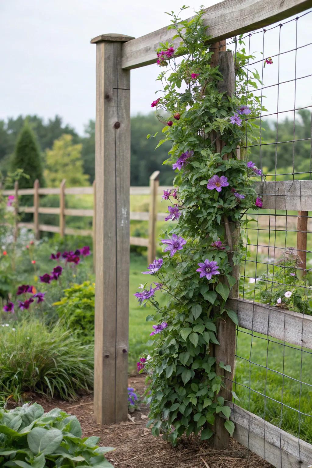 A cattle barrier trellis delivers practical assistance for clematis.