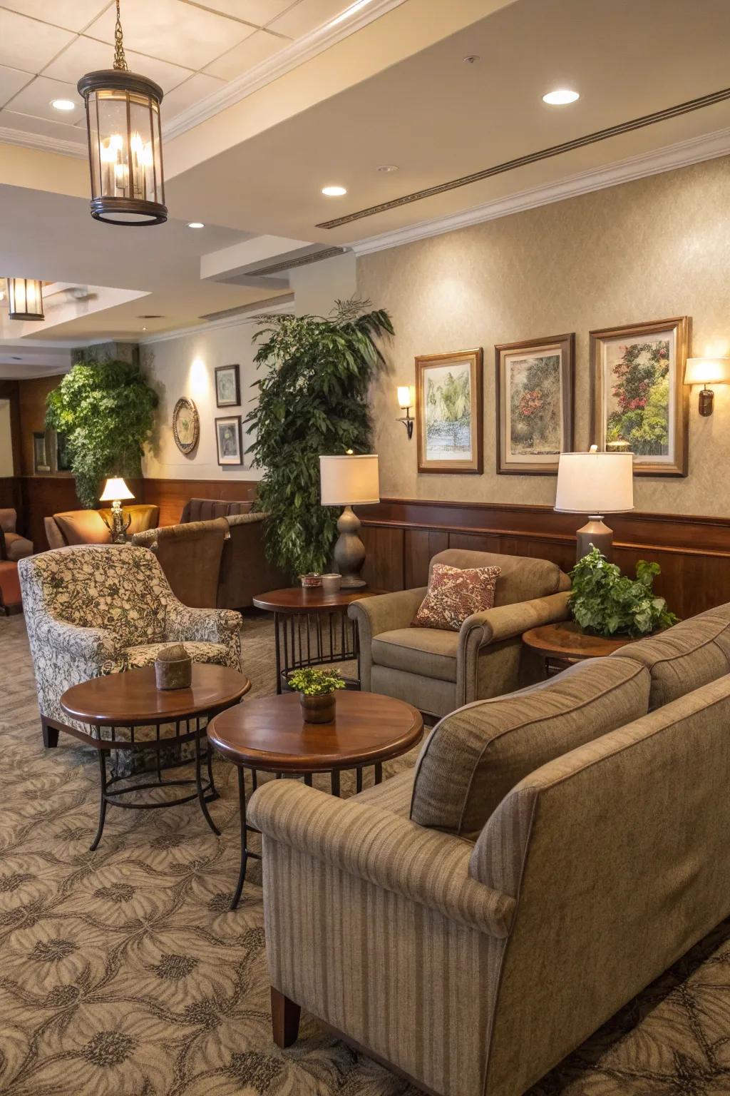 Inviting social locations promoting gatherings inside a clubhouse.