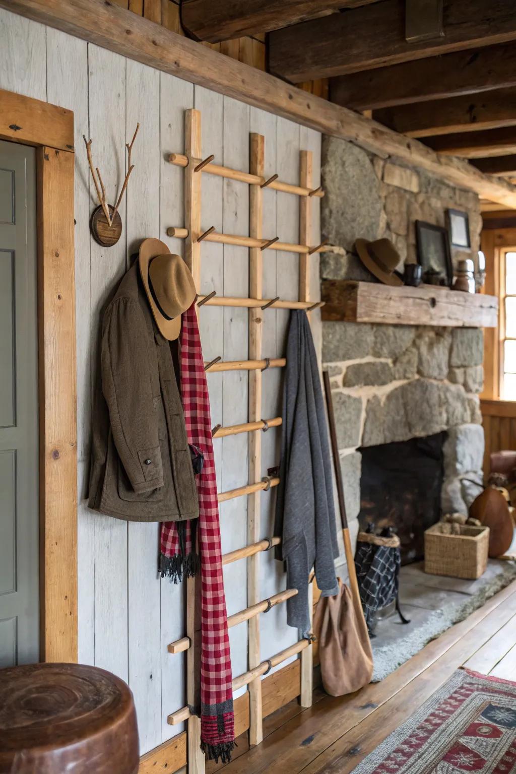 A rustic coat rack that brings farmhouse charm to coat storage.