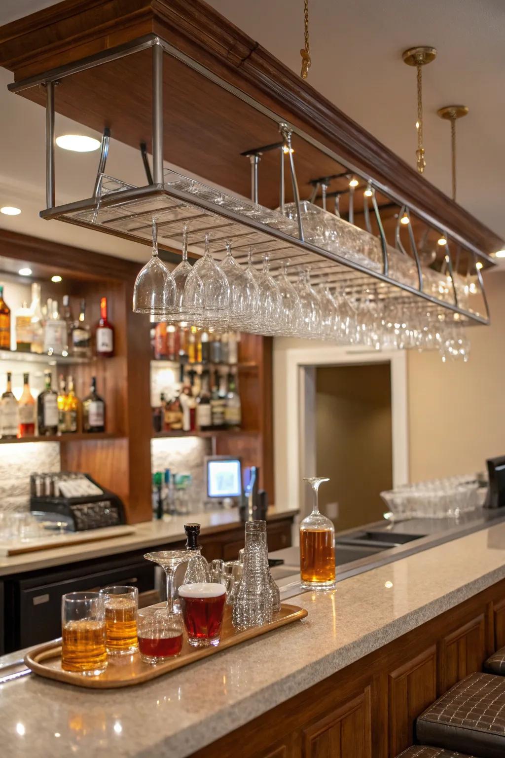 Glassware displayed with style enhances the bar's charm.
