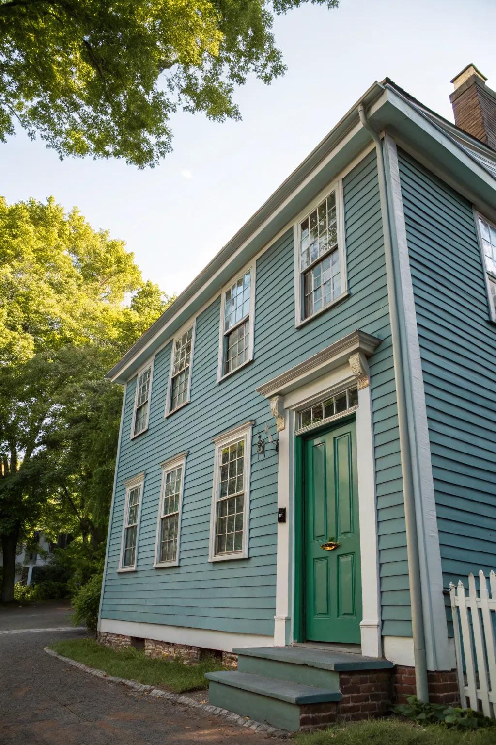 A serene colonial house with azure-gray siding and a striking verdant entrance.