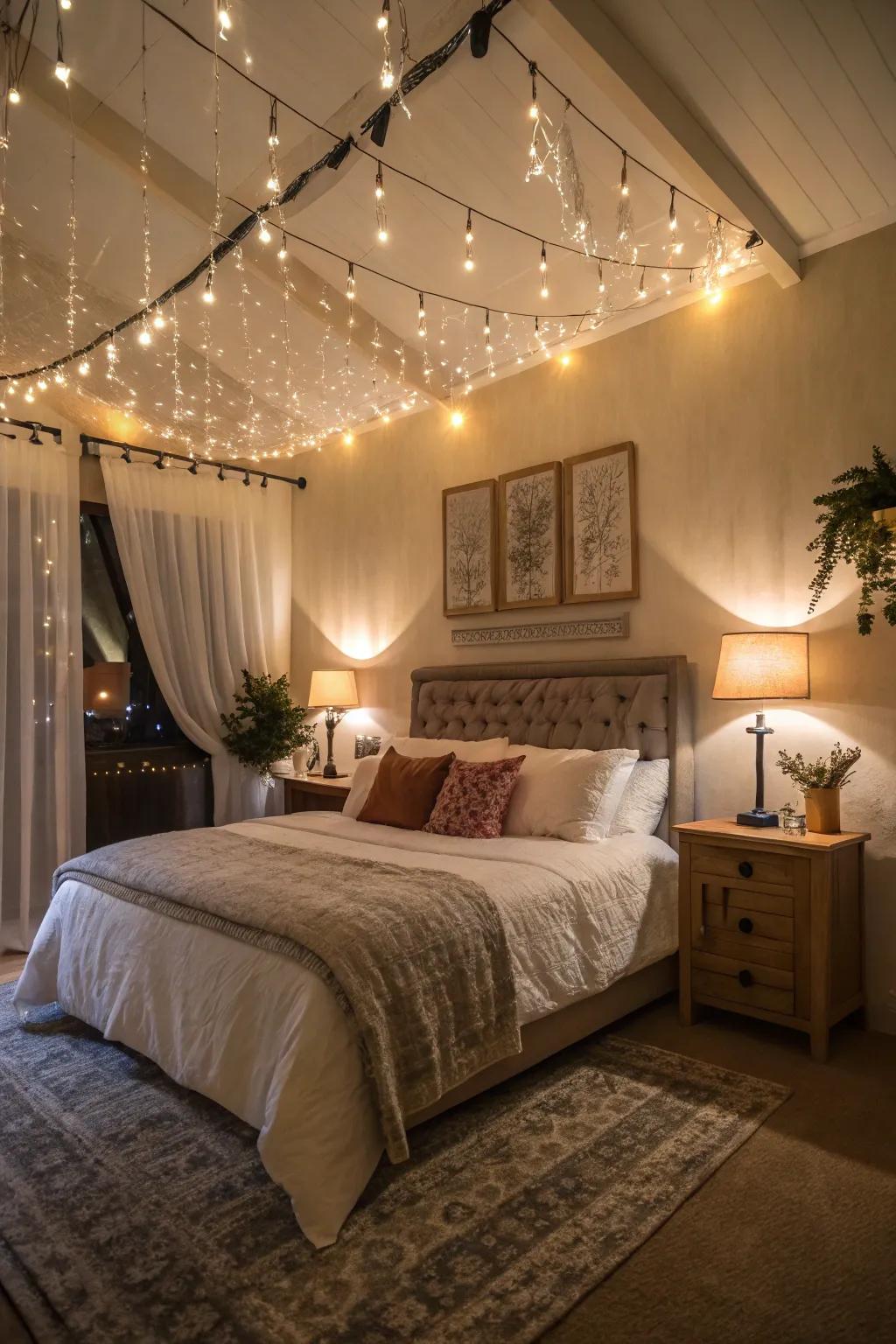 Tiered illumination sets the mood and adds depth to this color-immersed bedroom.
