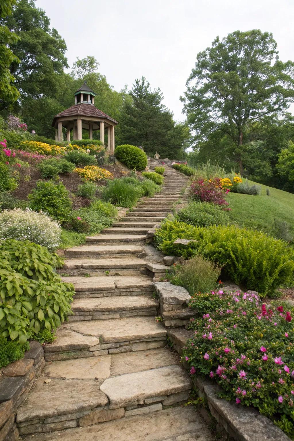 Stepped walkways offer practical navigation and aesthetic charm.
