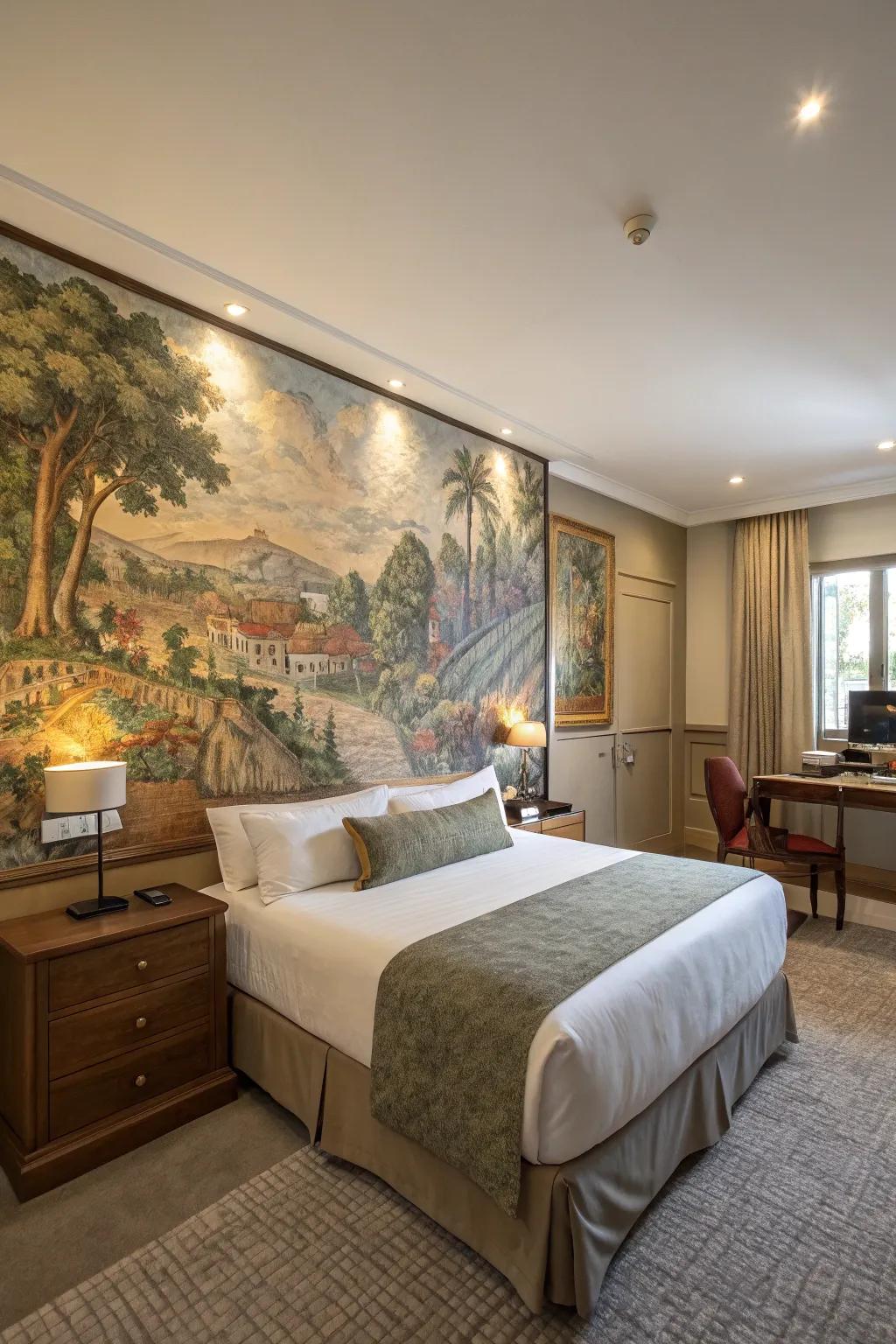 An artistic wall painting turns this bedroom into a creative haven.