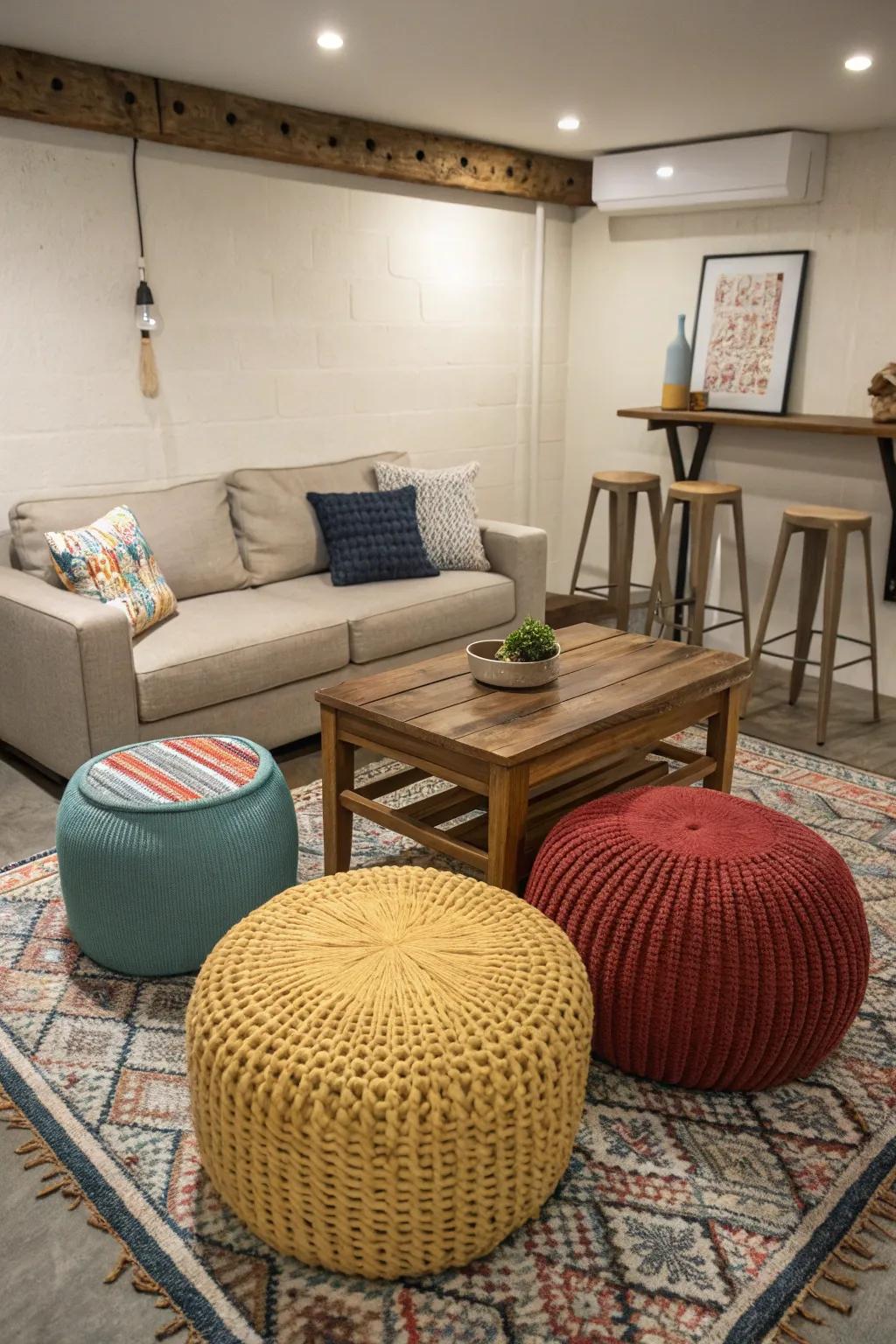 A mix of seating options that enhance a small living space.