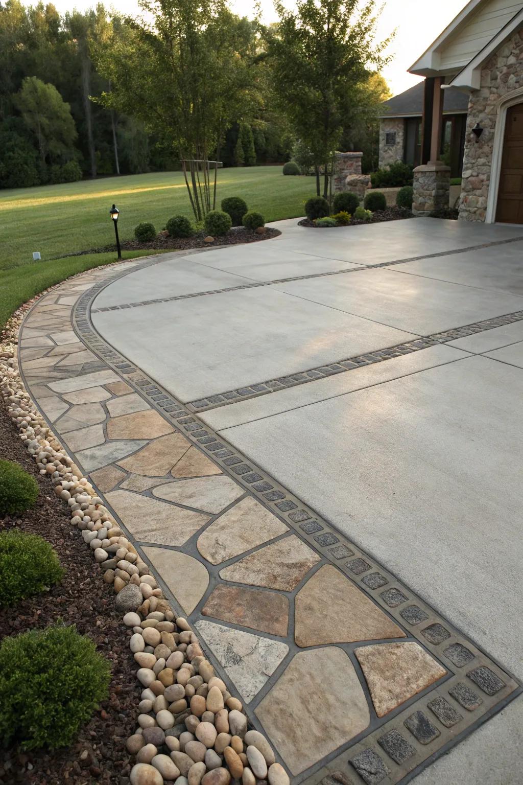 A driveway that creatively combines concrete and stone for texture, creating a dynamic and visually engaging surface.