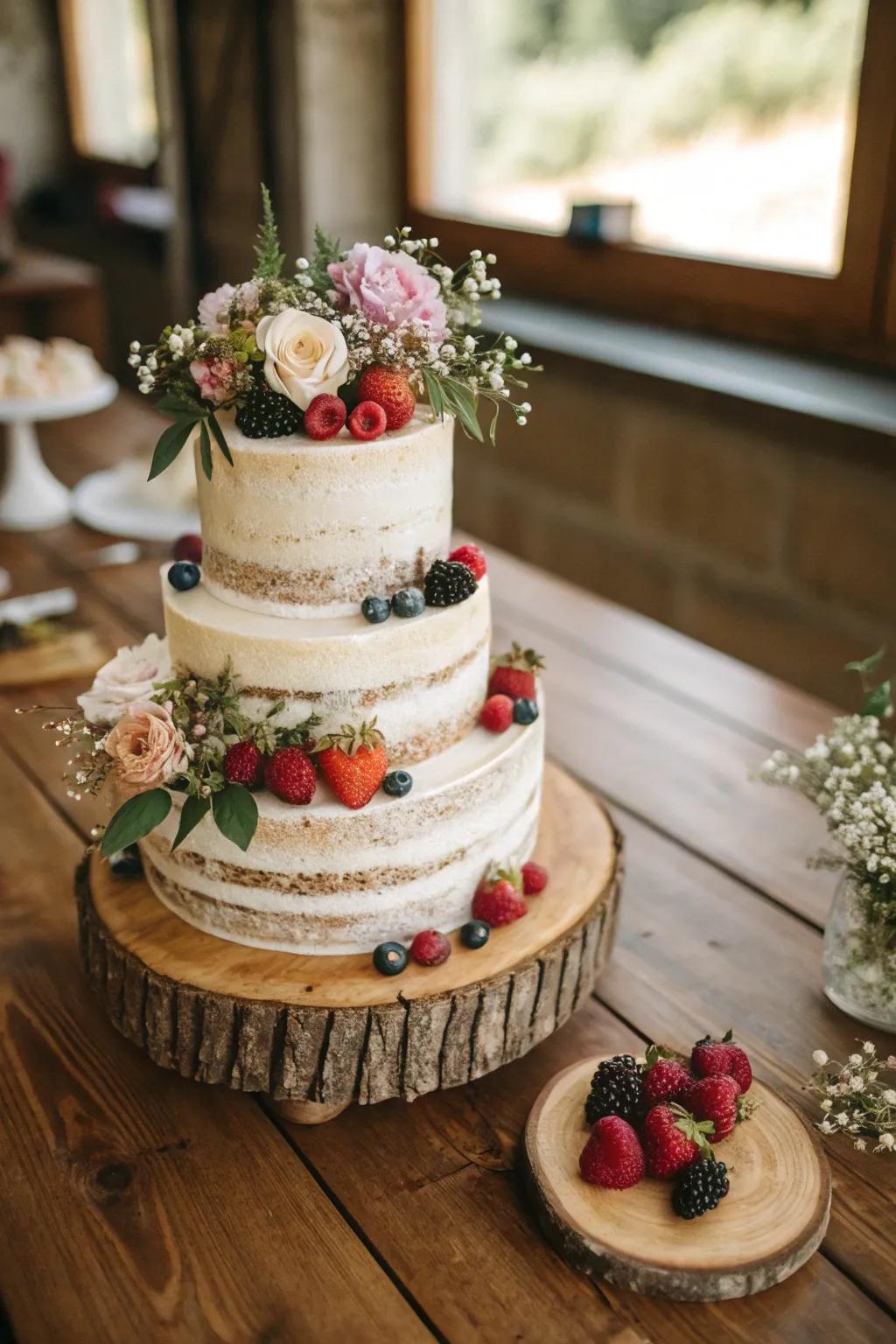 A down-to-earth wedding cake using organic decorations.