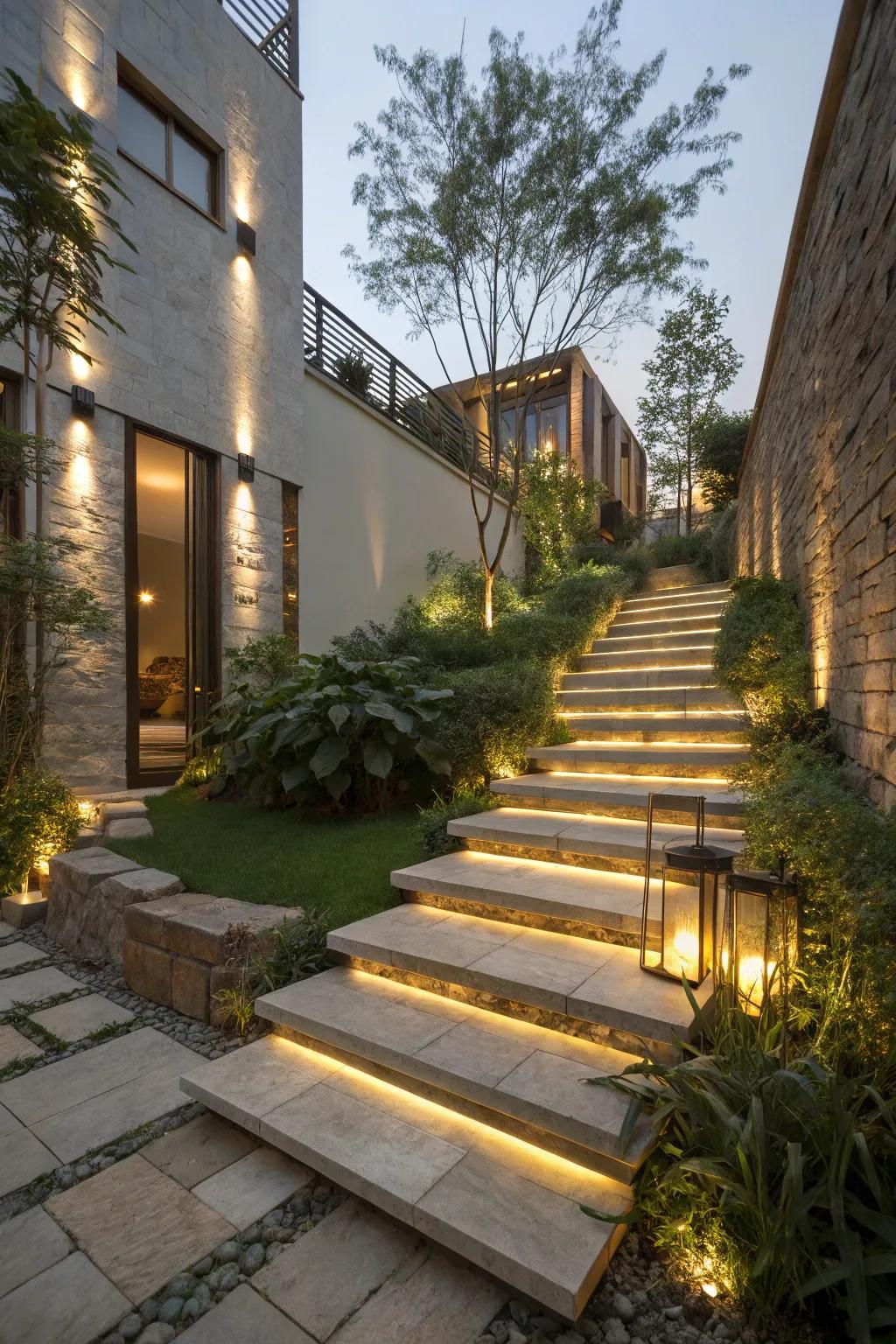 Stair lighting adds safety and atmosphere to patio stairs.