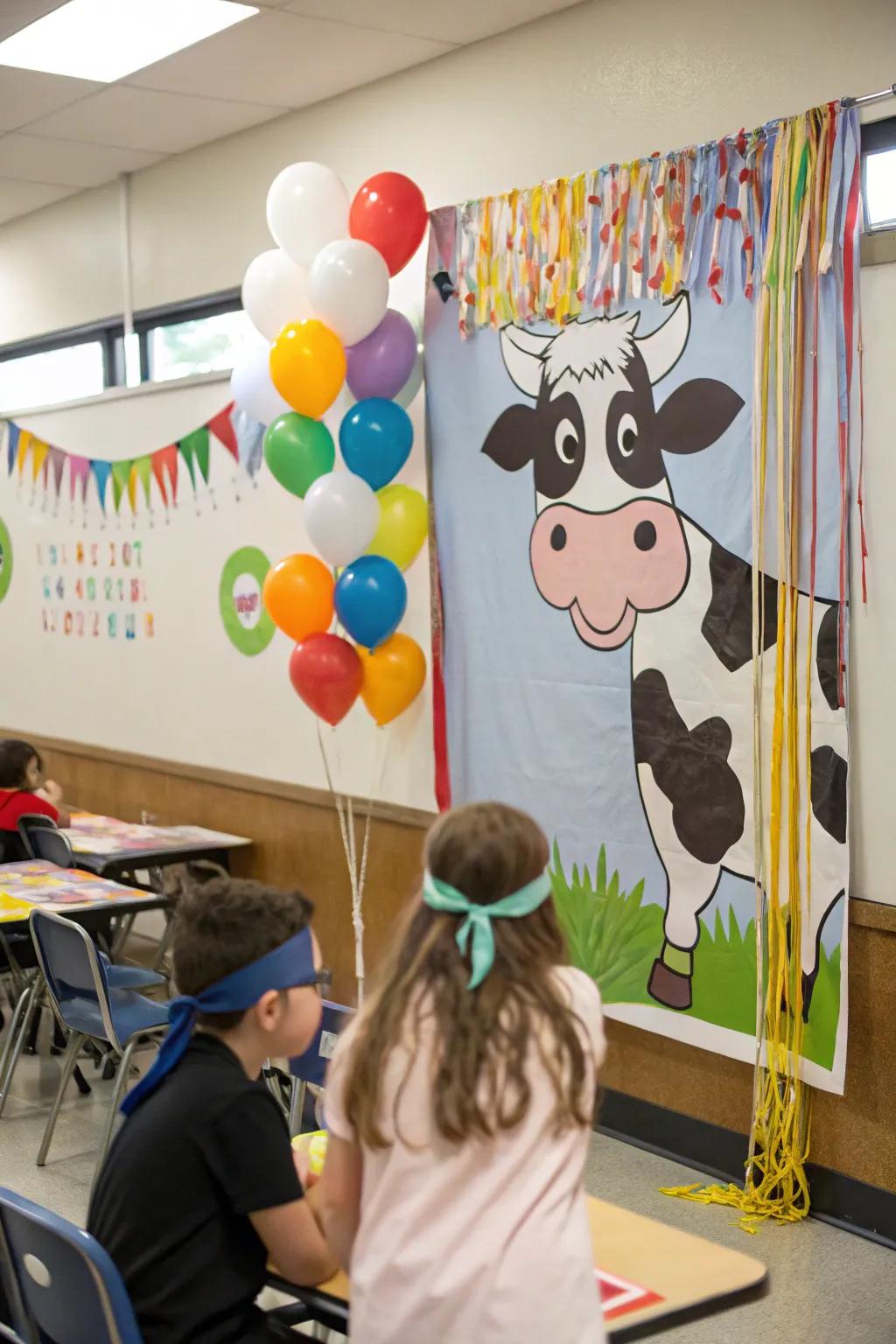 A 'Attach the Tail on the Bull' game setup for classroom fun
