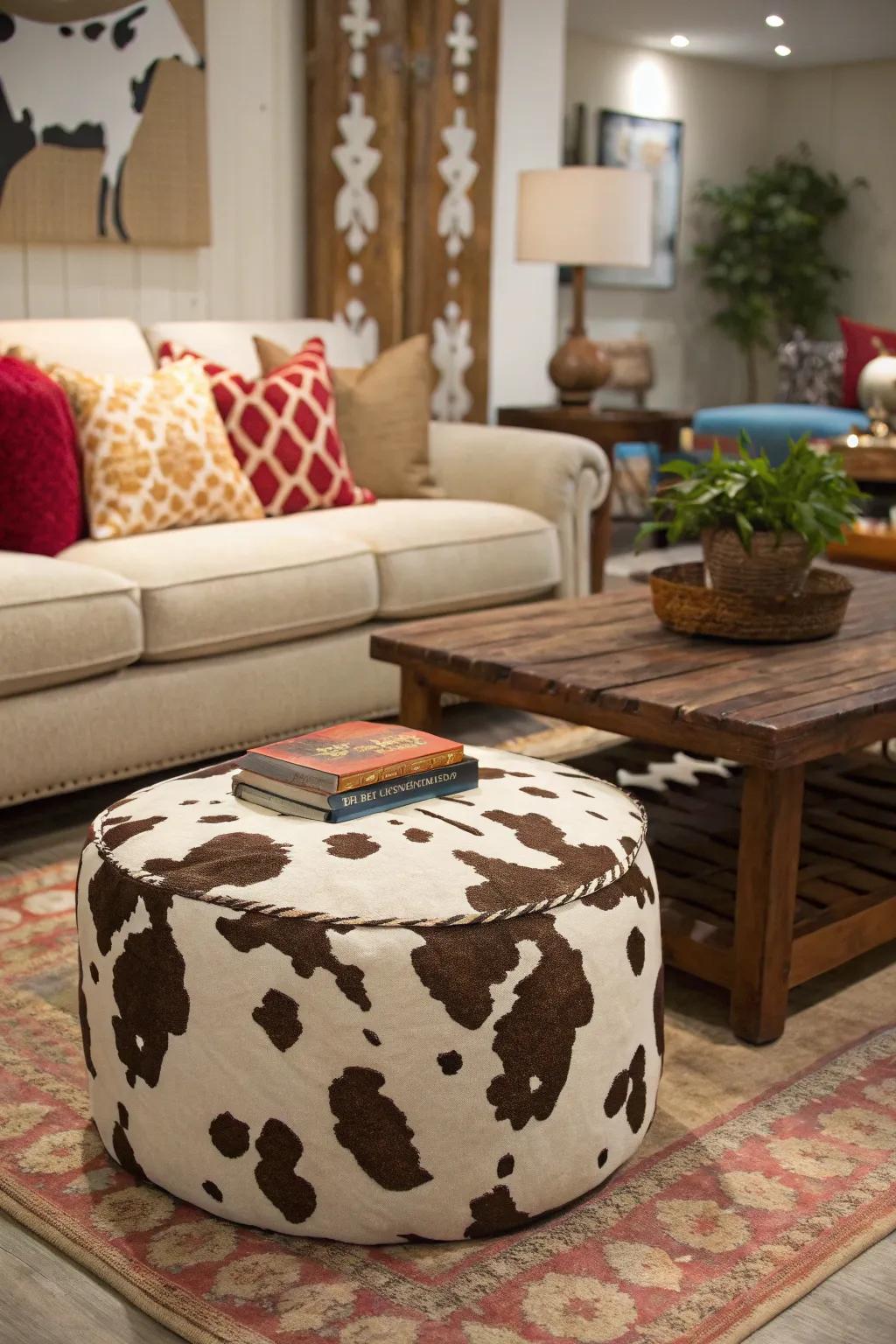 A cow print ottoman adds whimsy and function to any space.