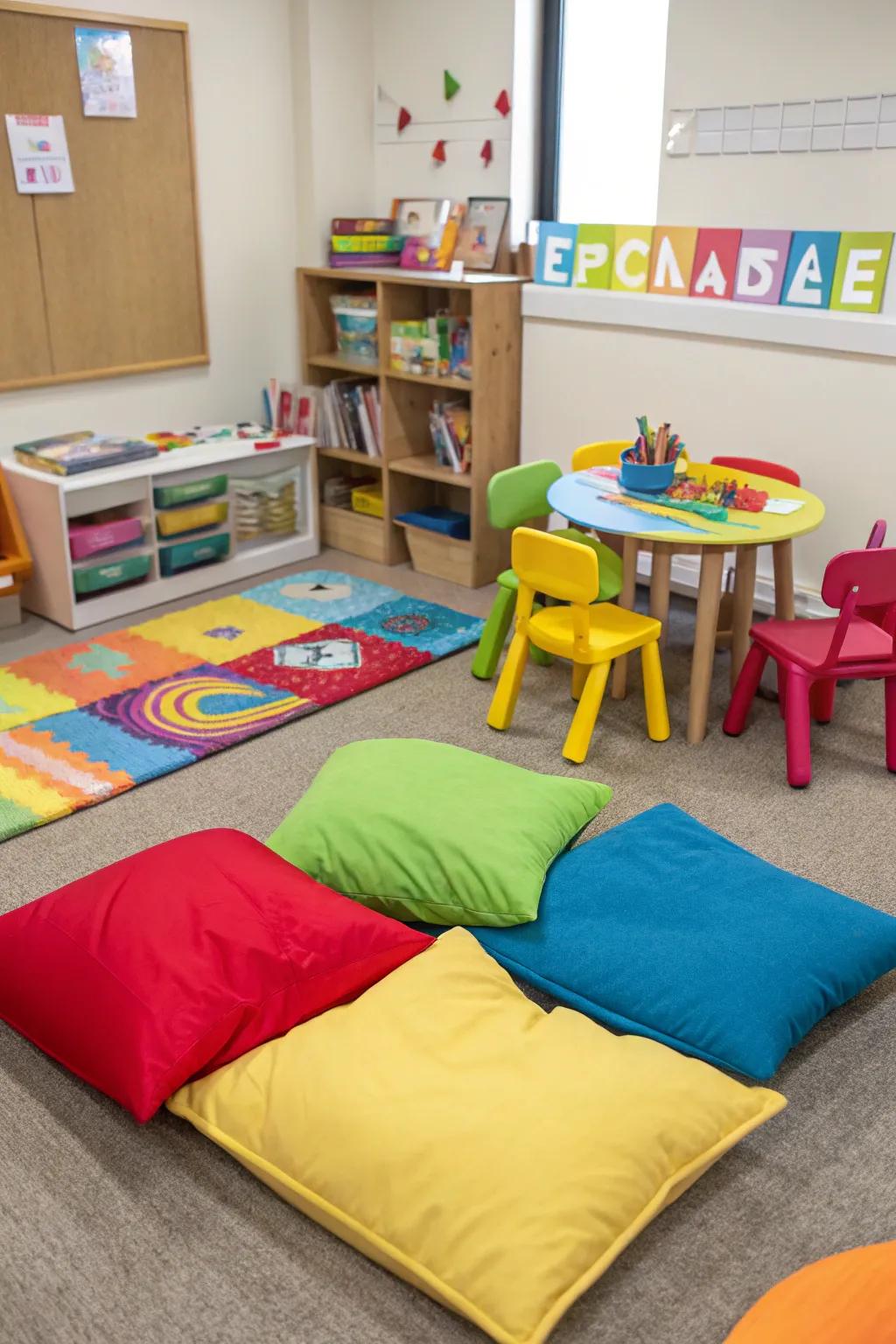 Colorful floor cushions offer flexible and inviting seating.