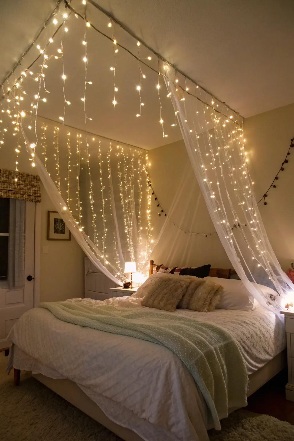 Fairy lights installed under a bed.