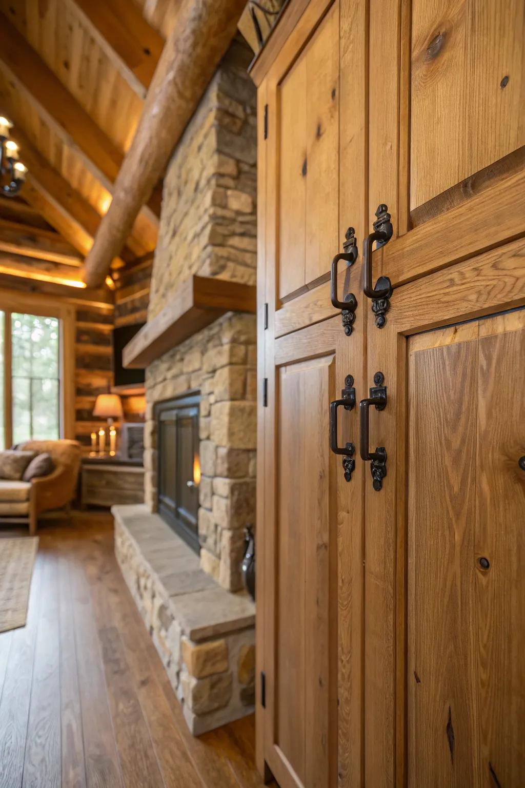 Black iron hardware adds a sleek and cohesive look to the cabin, enhancing its overall aesthetic.