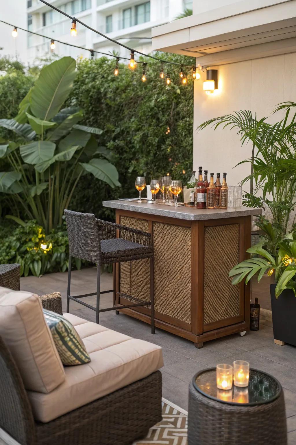 An outdoor bar introduces a jubilant, social dimension.