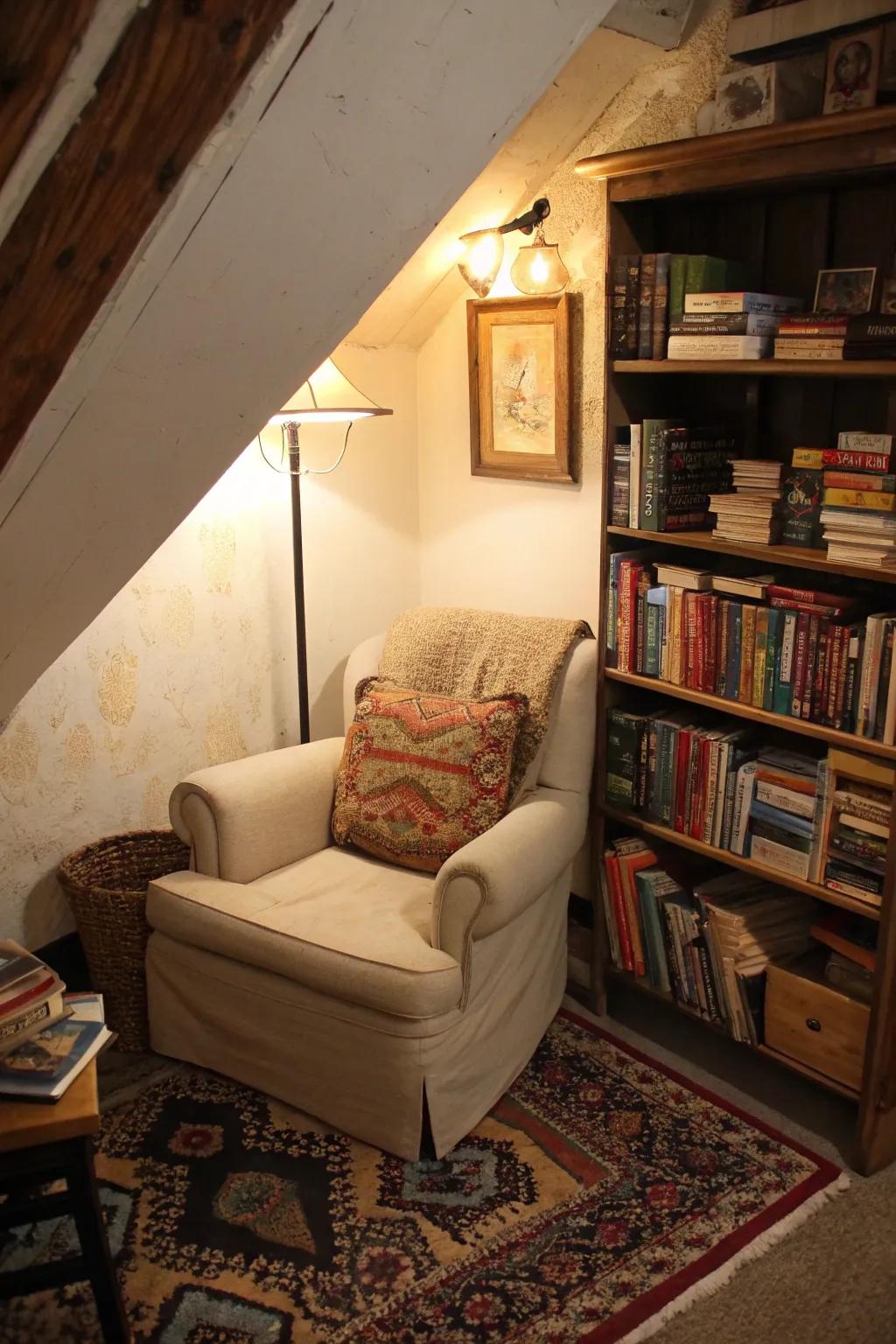 Turn an awkward space into a cozy and functional reading nook.