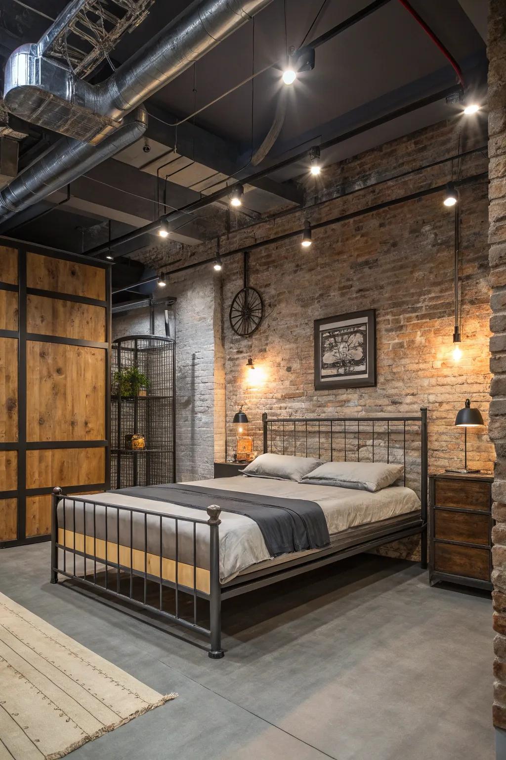 An industrial-inspired bedroom featuring urban elements.