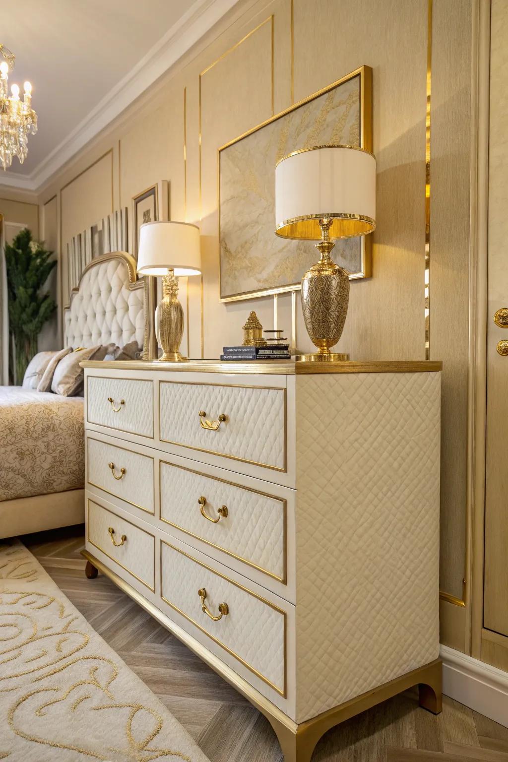 Gilt hardware upgrades inject a hint of glam to boudoir furnishings.