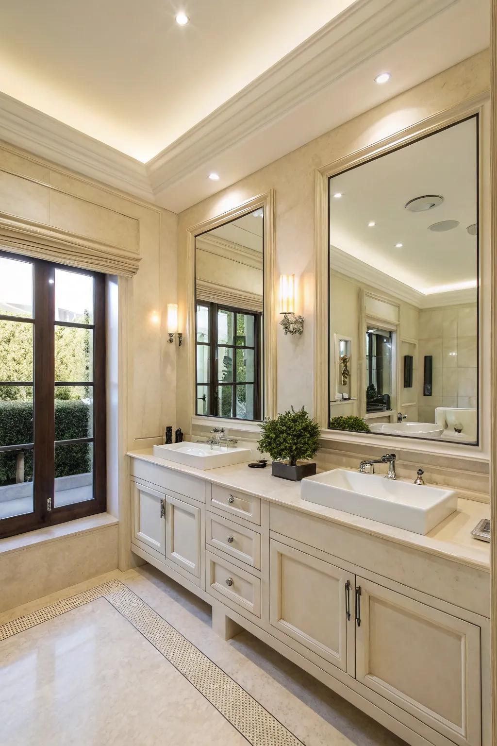 Mirrored surfaces make this creamy bathroom seem more spacious.