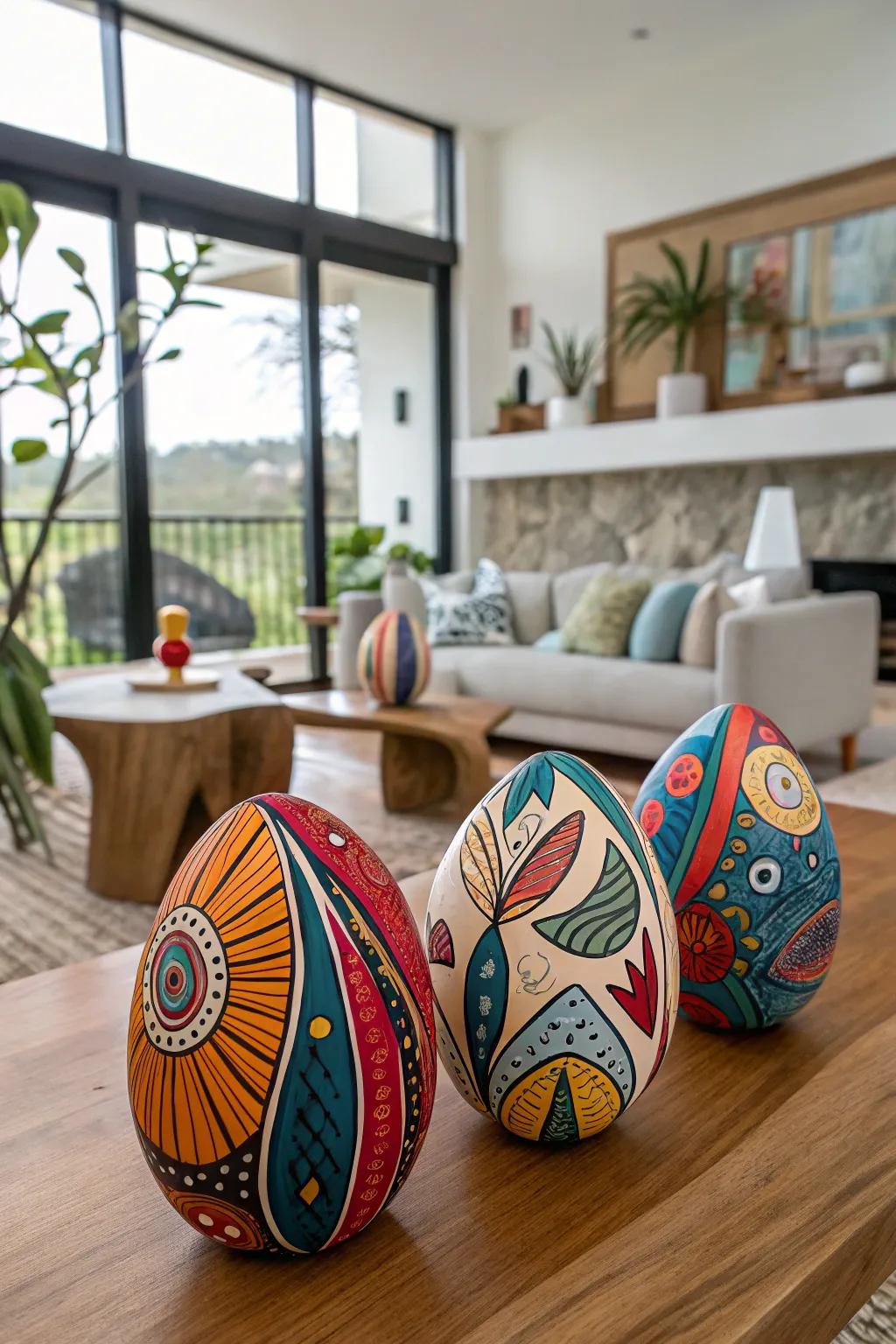 Abstract art eggs introducing a modern style to the living room.