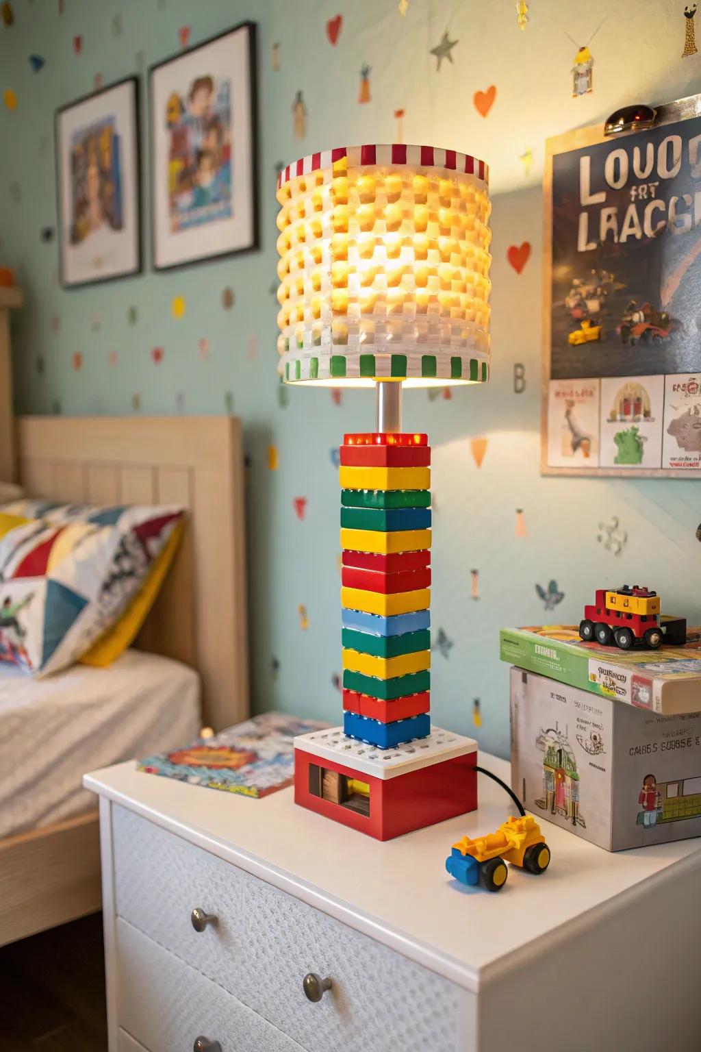 A building block-based lamp brings a fun, creative element to a kid's room.