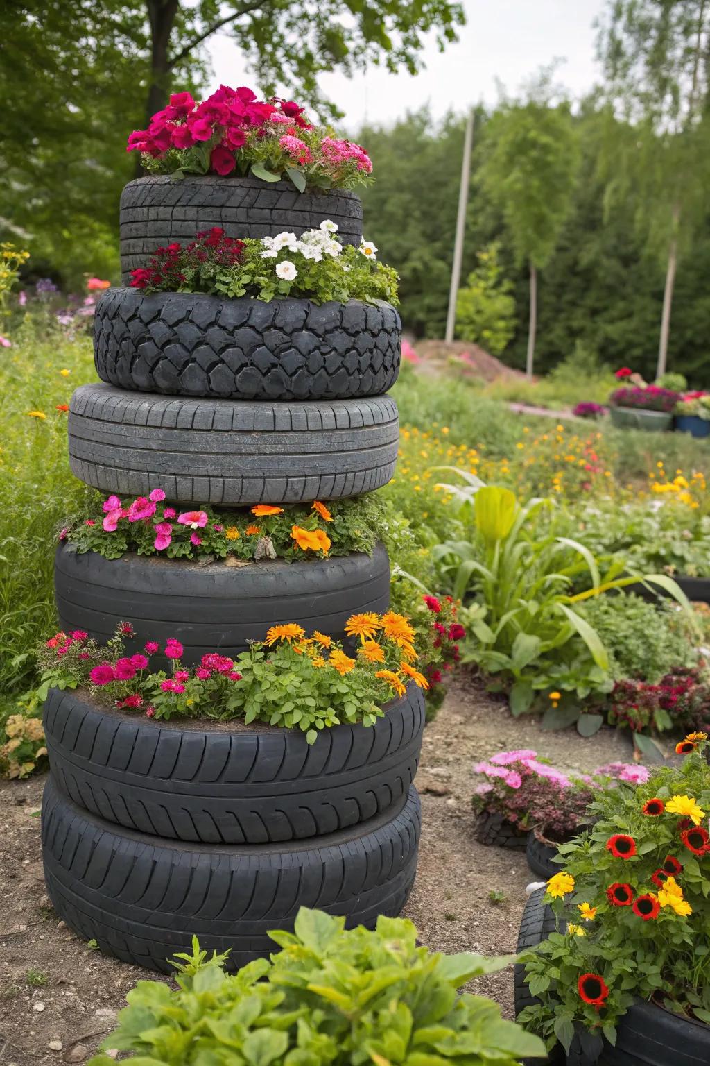 Stunning pyramid planter made from stacked tires.