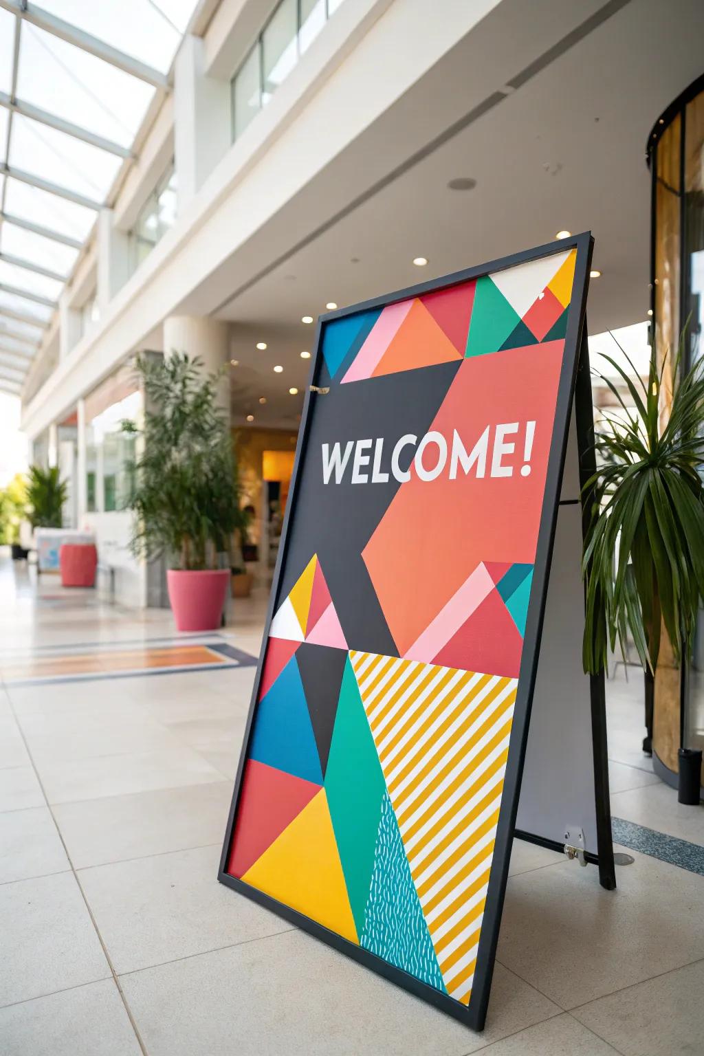 Geometric layouts contribute a current and artistic flair to welcome displays.