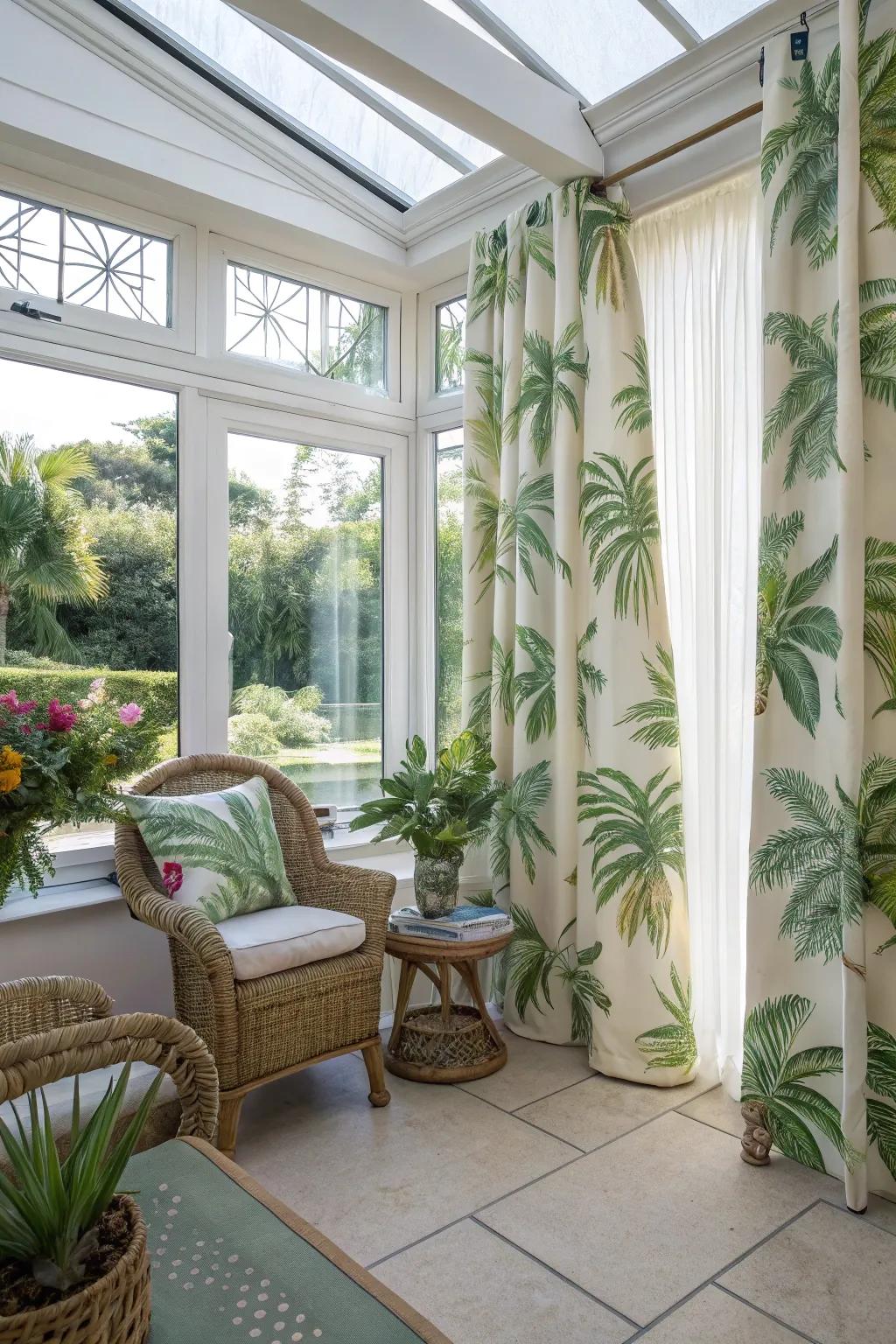 Tropical patterns in curtains can make you feel like you're on a getaway.