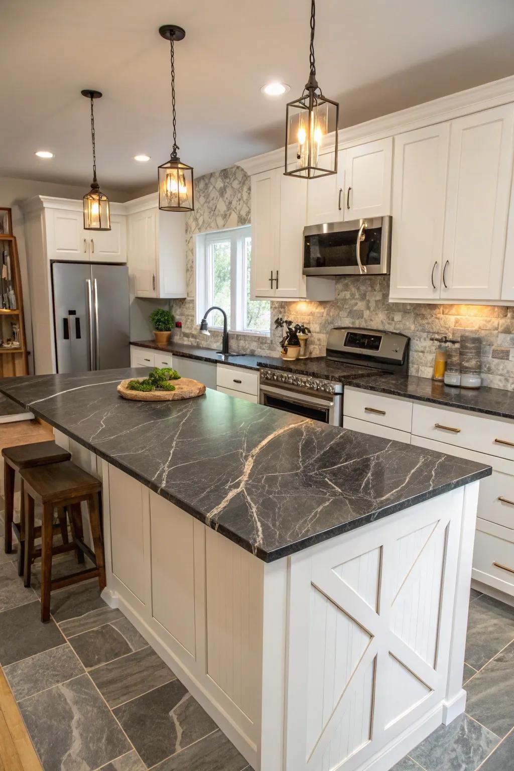 A distinctive countertop adds a chic and unique touch to the kitchen.