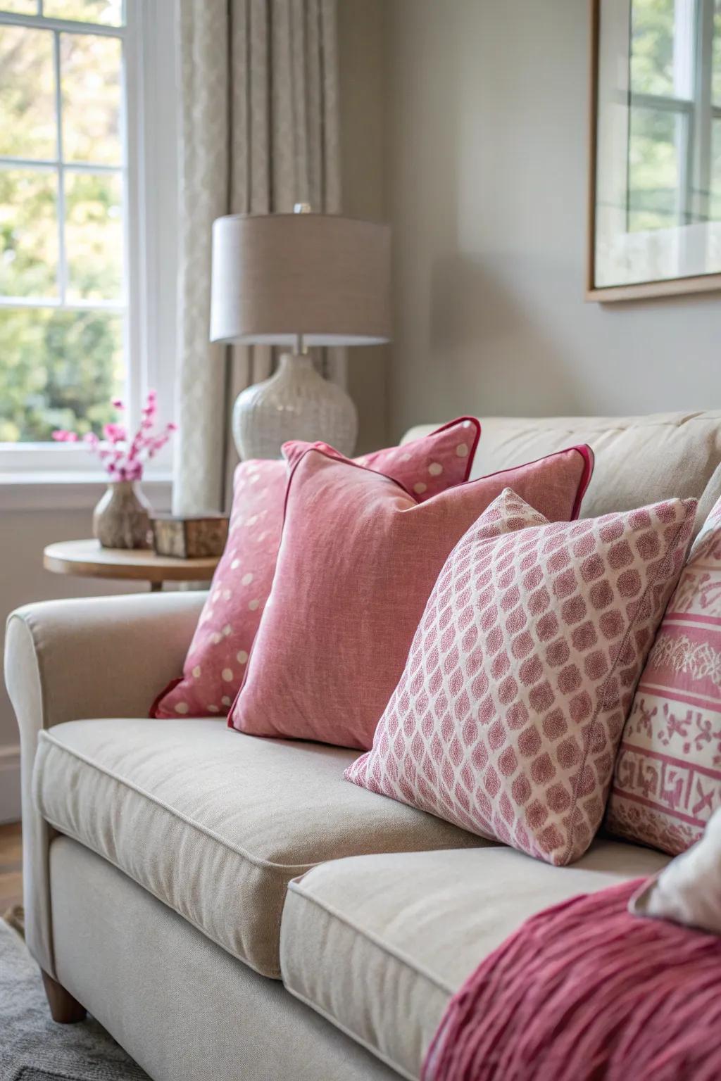 Rose toss cushions add versatility and style to the sofa.