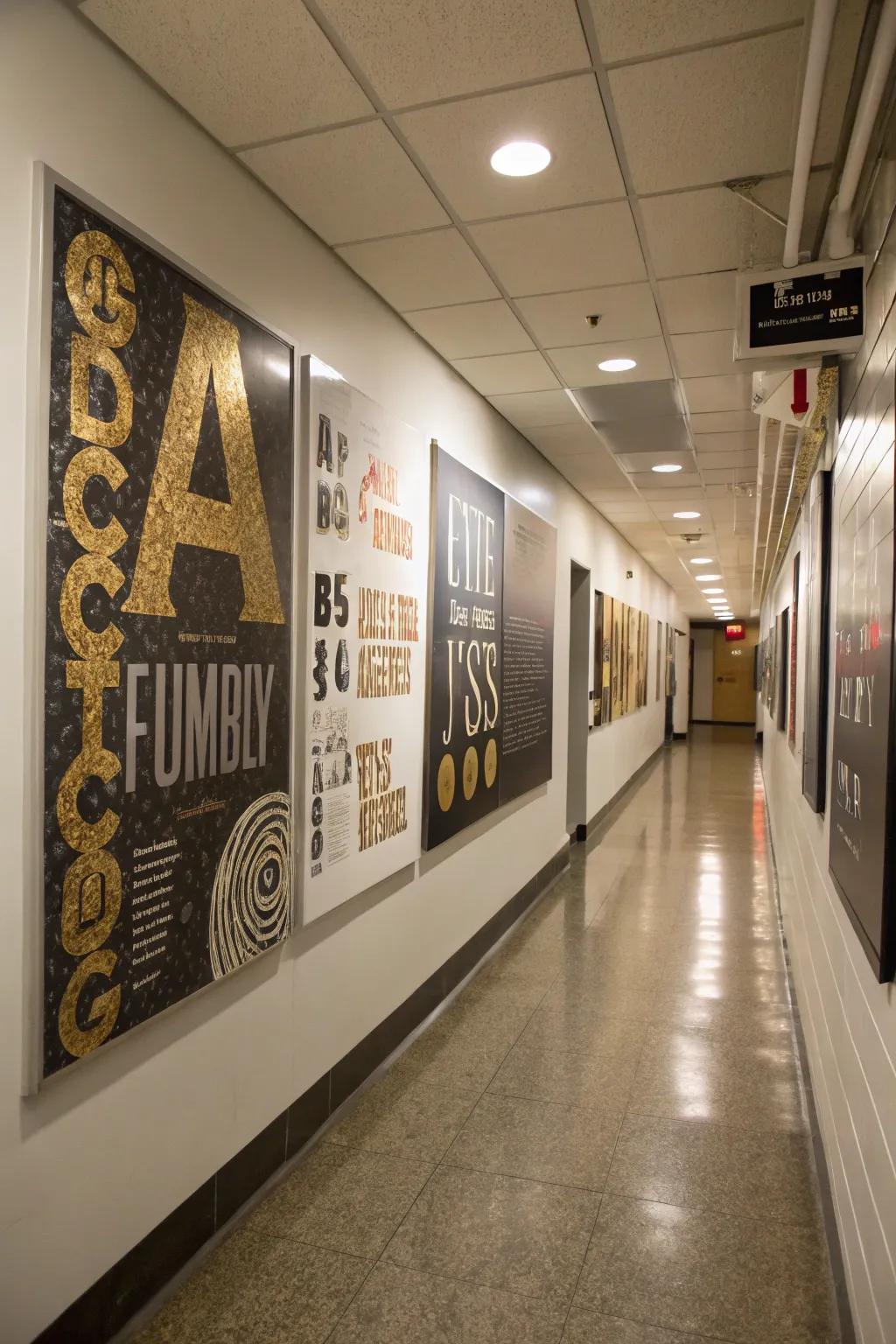 Typography posters with metallic accents adding luxury to a hallway.