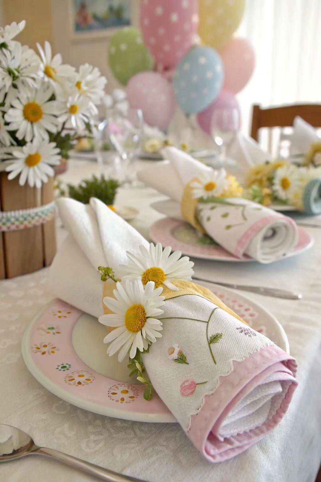 Elevate the atmosphere with daisy banded napkins.